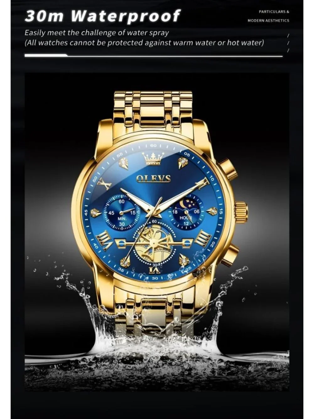 Mens Gold Blue Skeleton Stainless Steel Diamond Multi Calendar Chronograph Watch